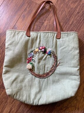 One of a Kind Handmade Floral Embroidered Wreath Canvas Tote Bag